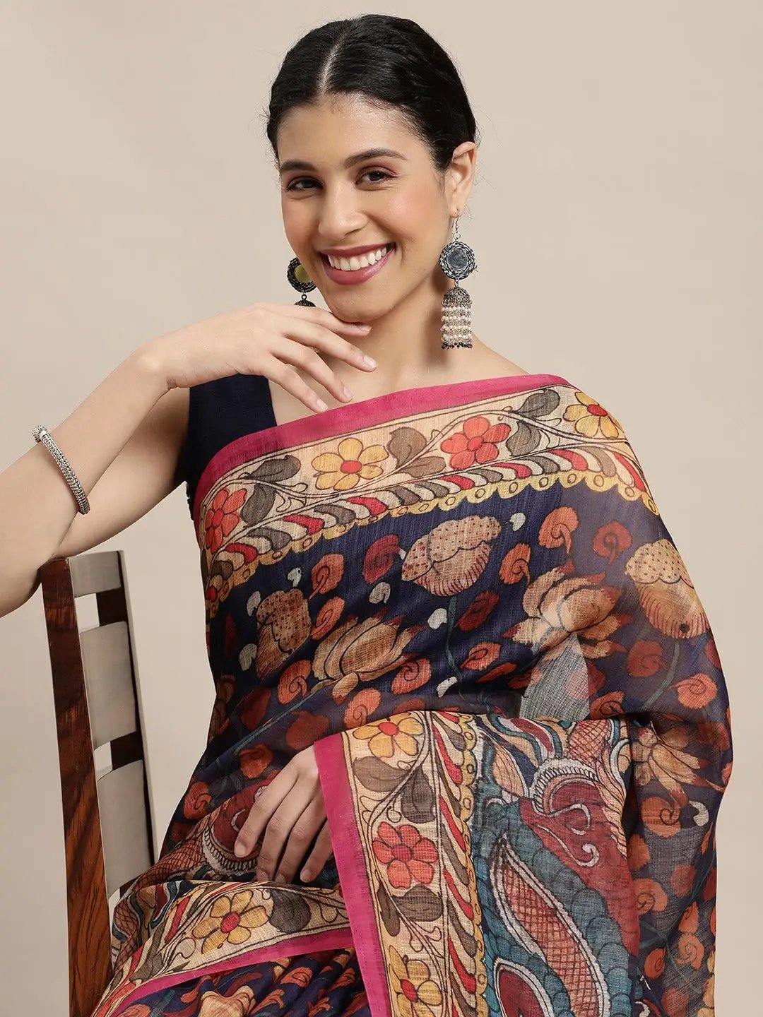 Beautiful Digital Print Kalamakri Design Soft Linen Saree