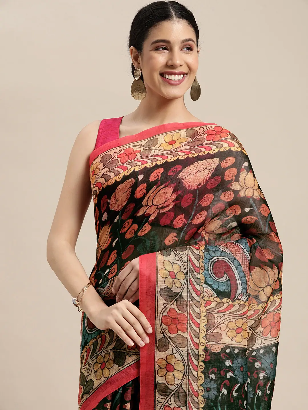 Beautiful Digital Print Kalamakri Design Soft Linen Saree