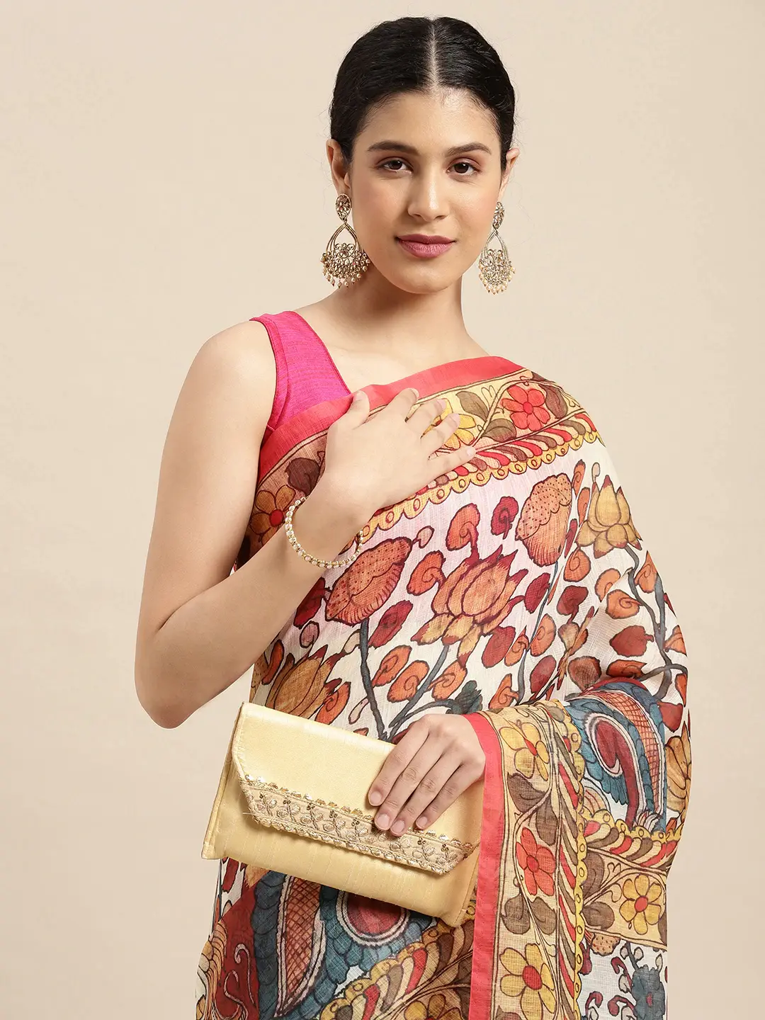 Beautiful Digital Print Kalamakri Design Soft Linen Saree