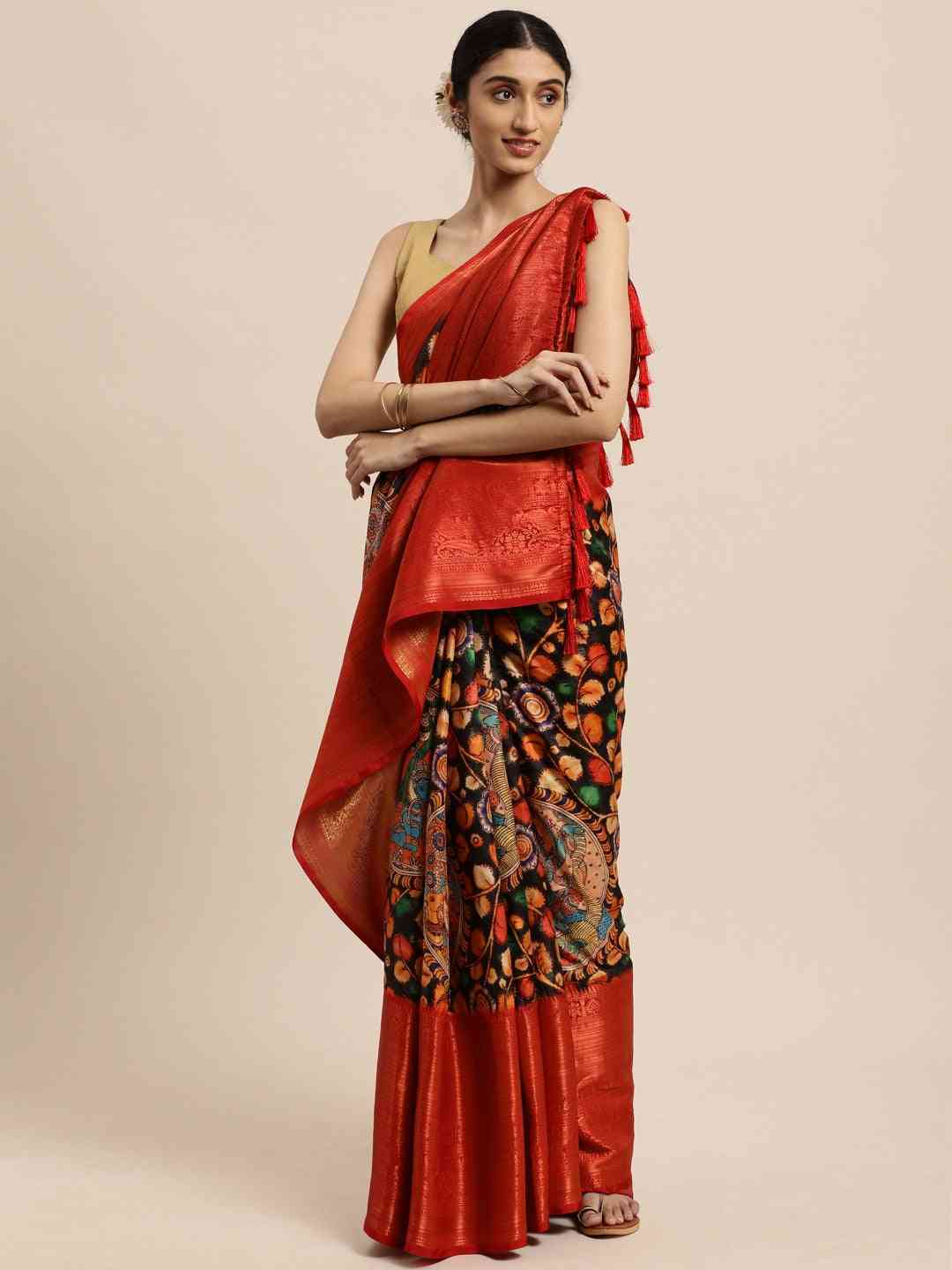 Beautiful Kalamkari Zari Work Silk Blend Kanjivaram Saree