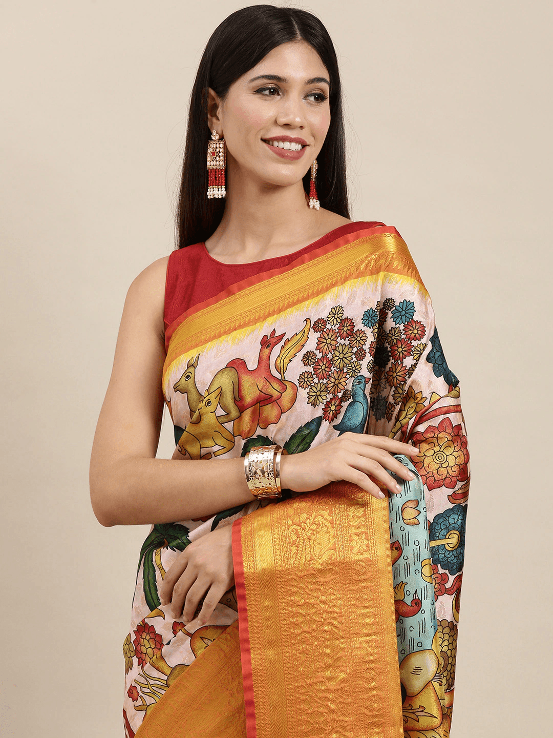 Designer Kalamkari Print Pattu Banarasi Silk Saree