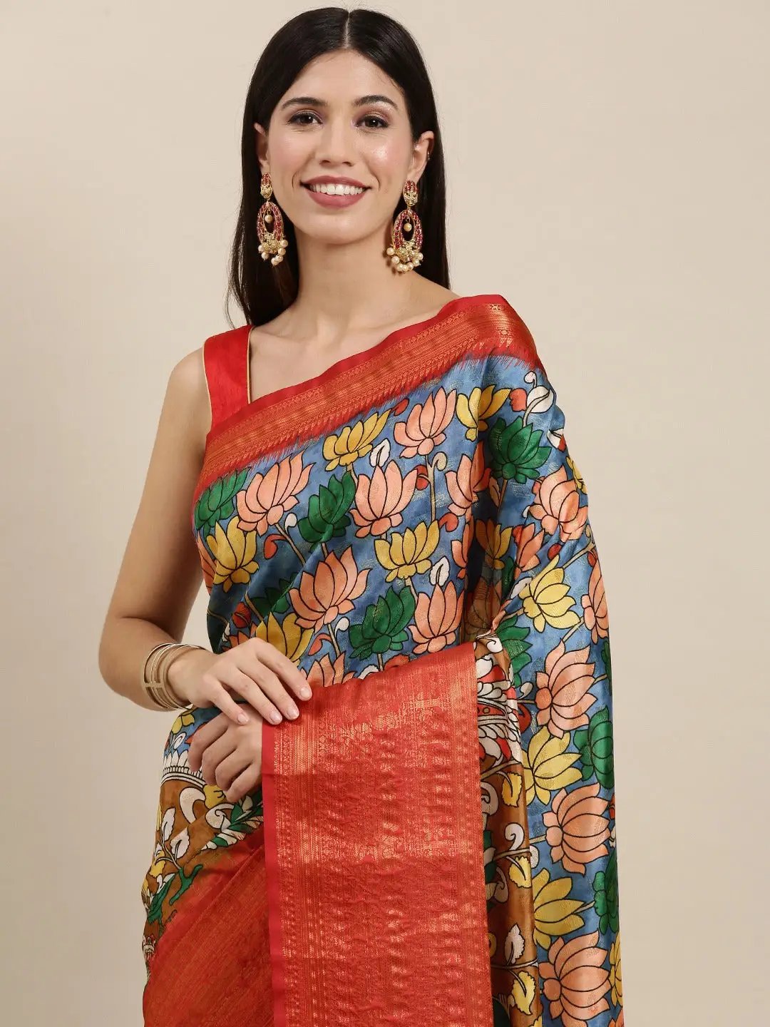 Designer Digital Kalamkari Print Pattu Banarasi Silk Saree