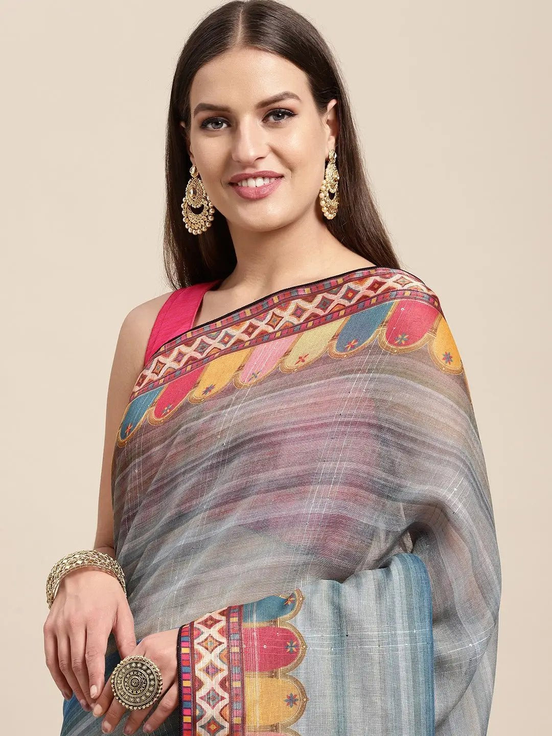 Soft Linen Mughal Print & Sequence Work Party Wear Saree