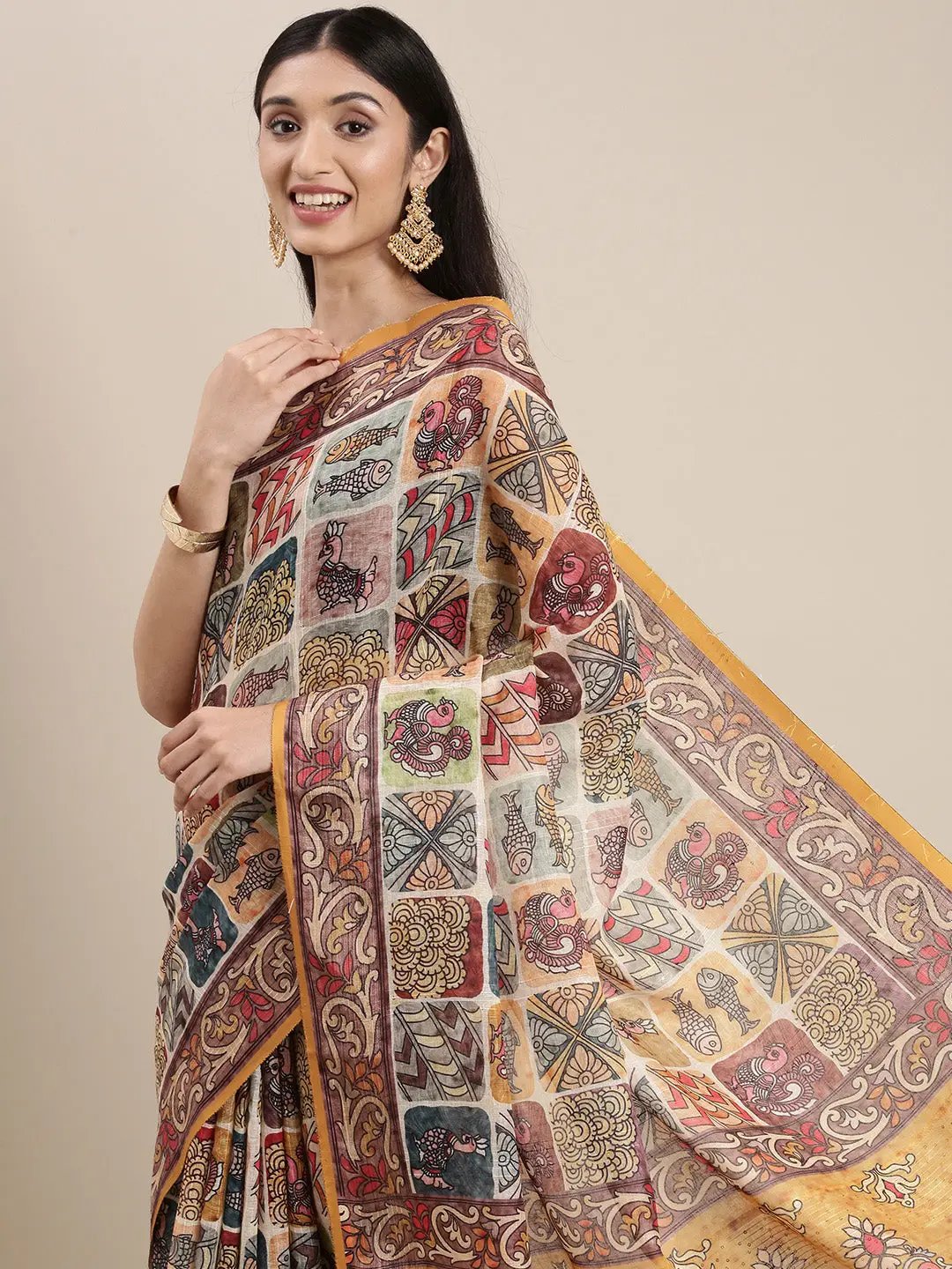 Multi Colour Soft Linen Kalamkari Block Print Saree