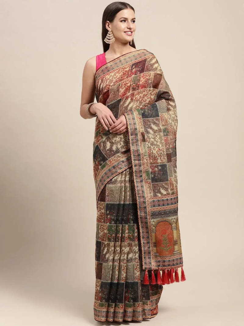 Soft Linen Mughal Print & Sequence Work Saree