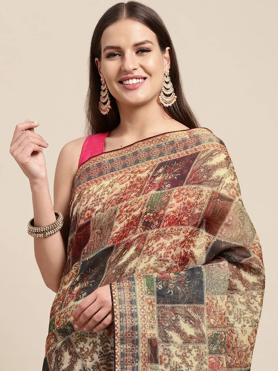 Soft Linen Mughal Print & Sequence Work Saree