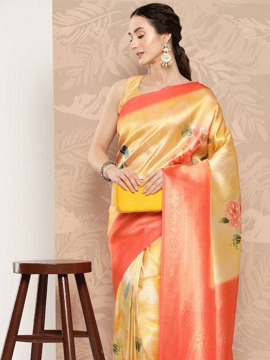 Banarasi soft silk sarees with intricate flower prints Vastranand