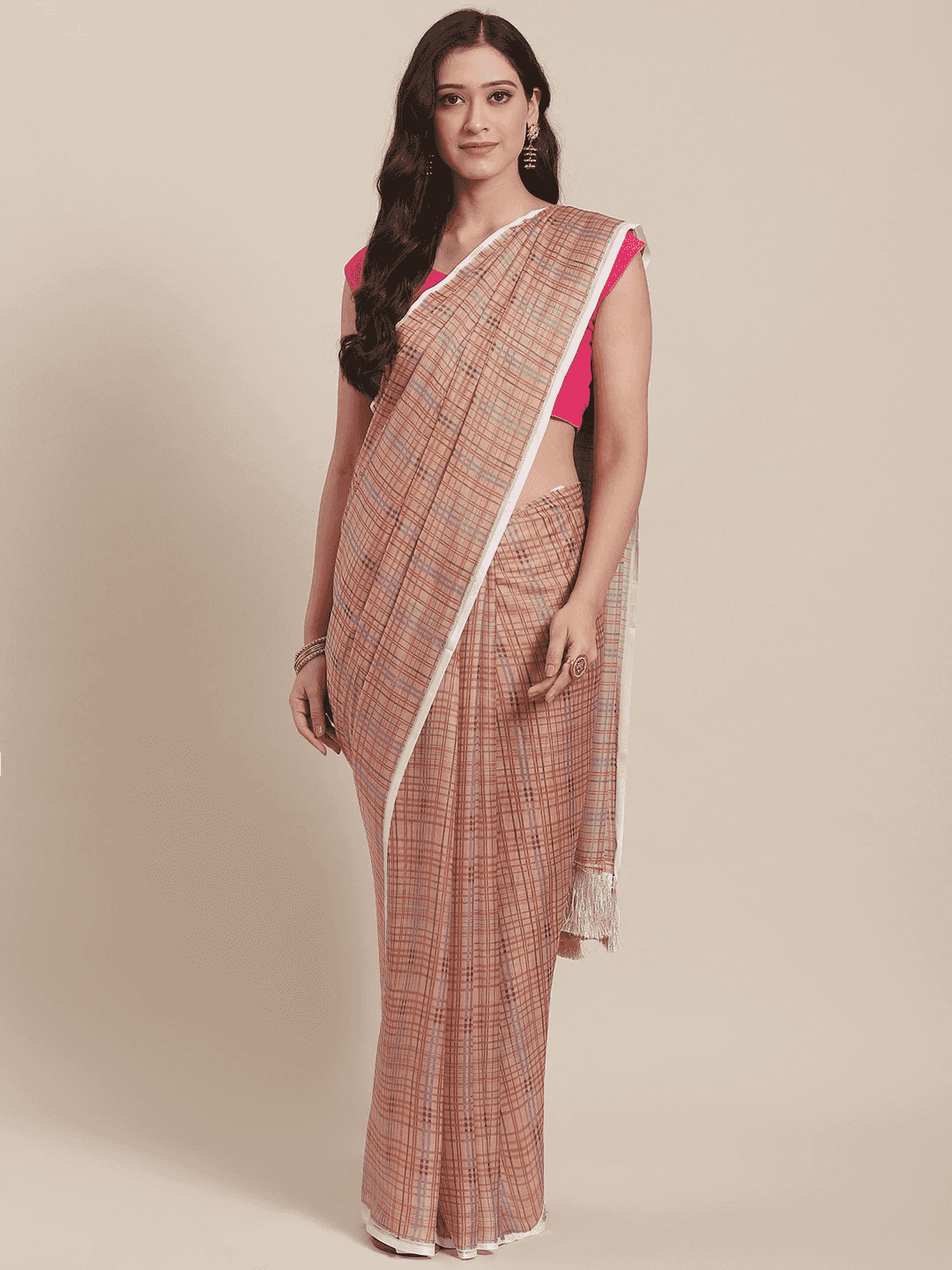 Stylish Multi Colour Checked Print Saree With Resham Tassel