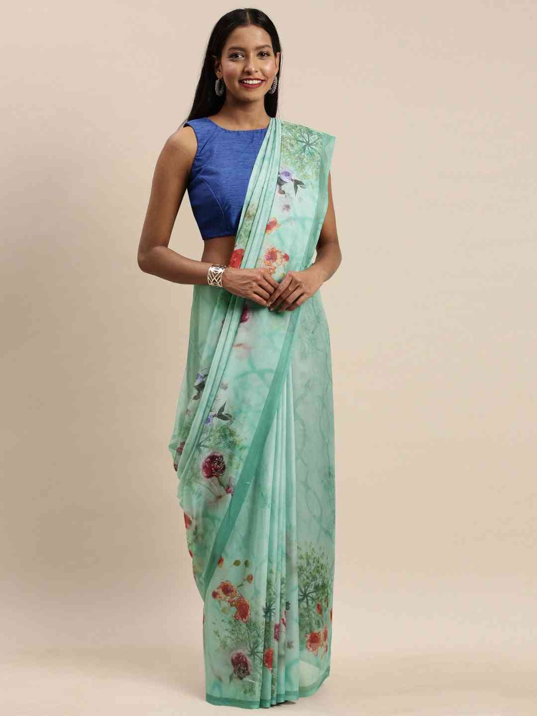 Floral Printed Light Green Pure Tebi Silk Saree With Resham Tassel