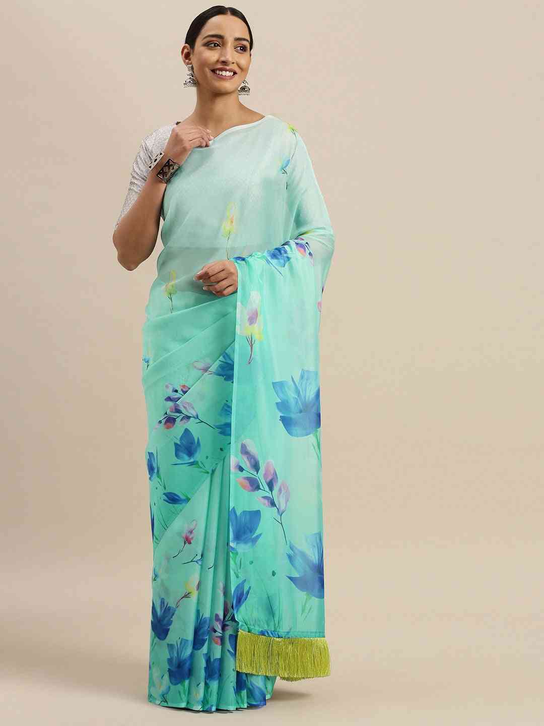 Auqa Colour Floral Printed Pure Tebi Silk Saree With Resham Tassel