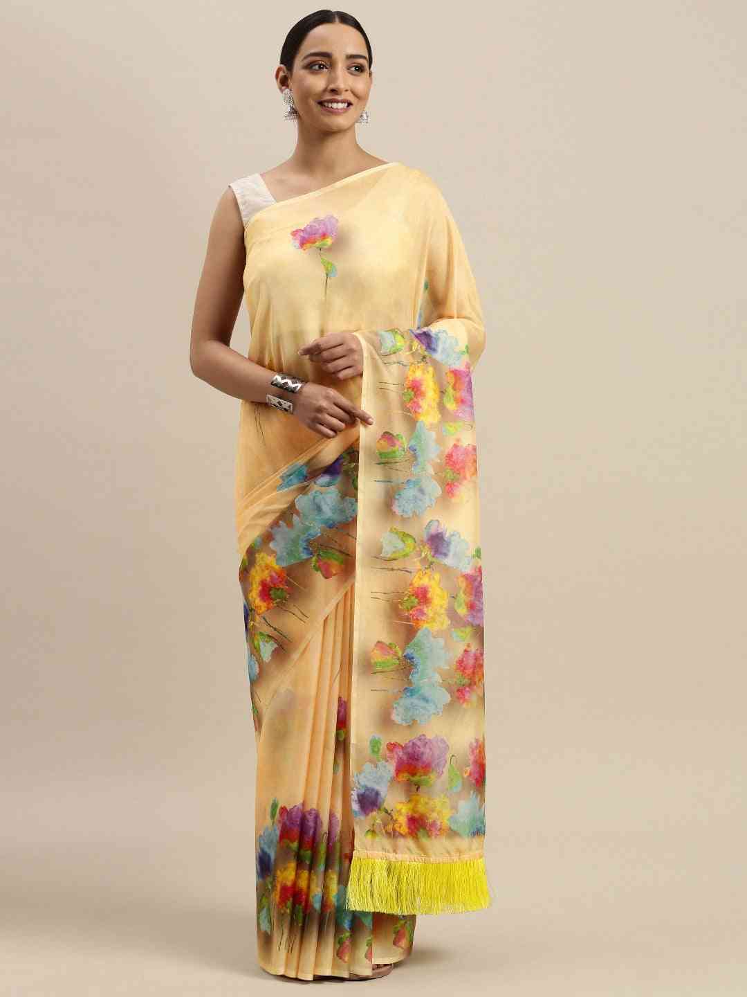 Light Yellow Floral Printed Pure Tebi Silk Saree With Resham Tassel