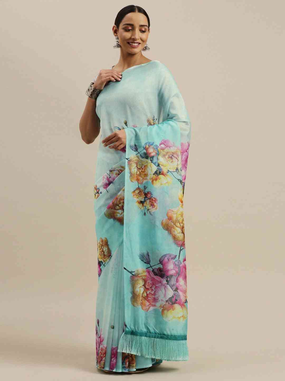 Turquoise Colour Floral Printed Pure Tebi Silk Saree With Resham Tassel