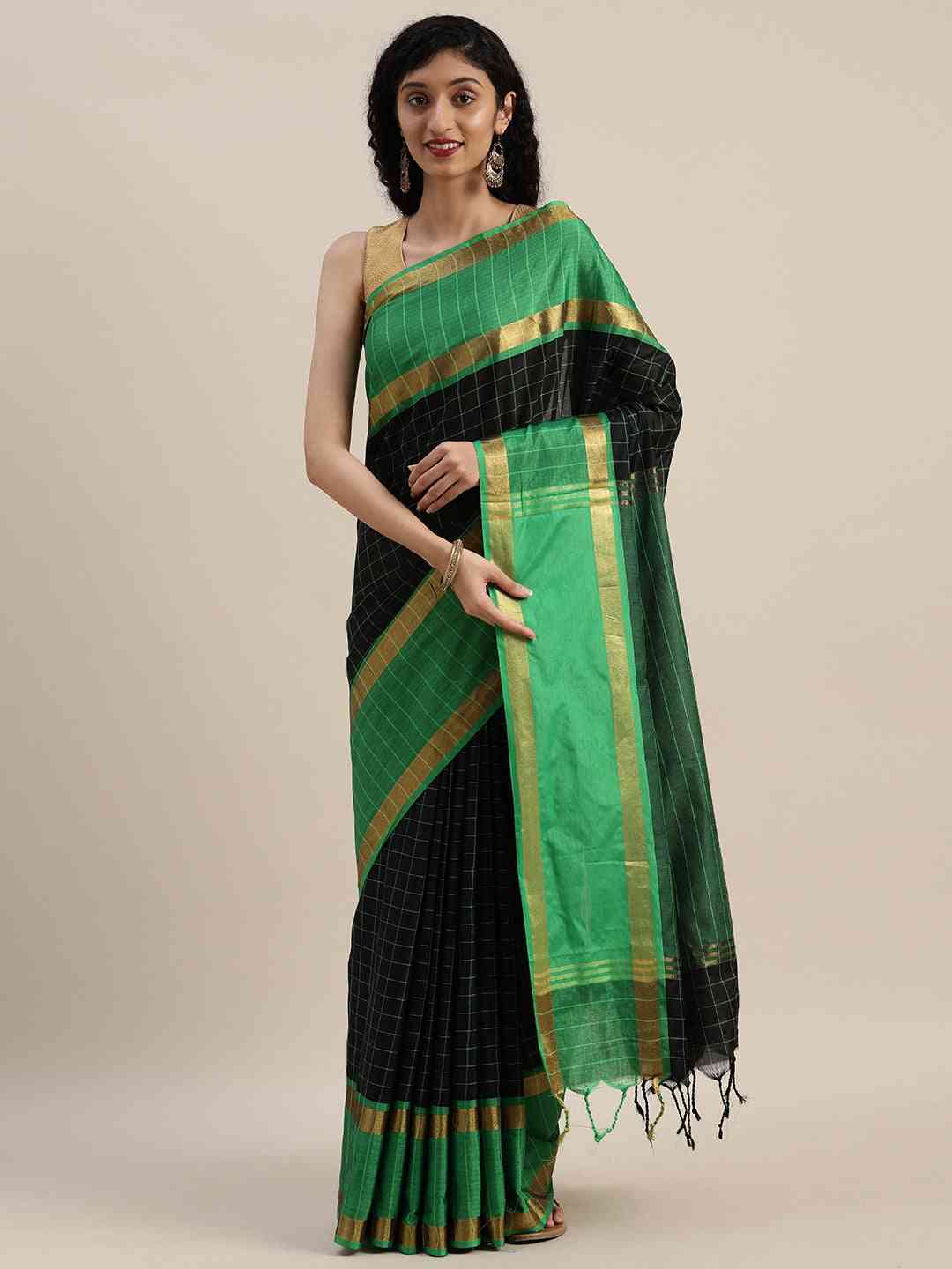 Stylish Black Colour Silk Cotton Checked And Zari Work Saree
