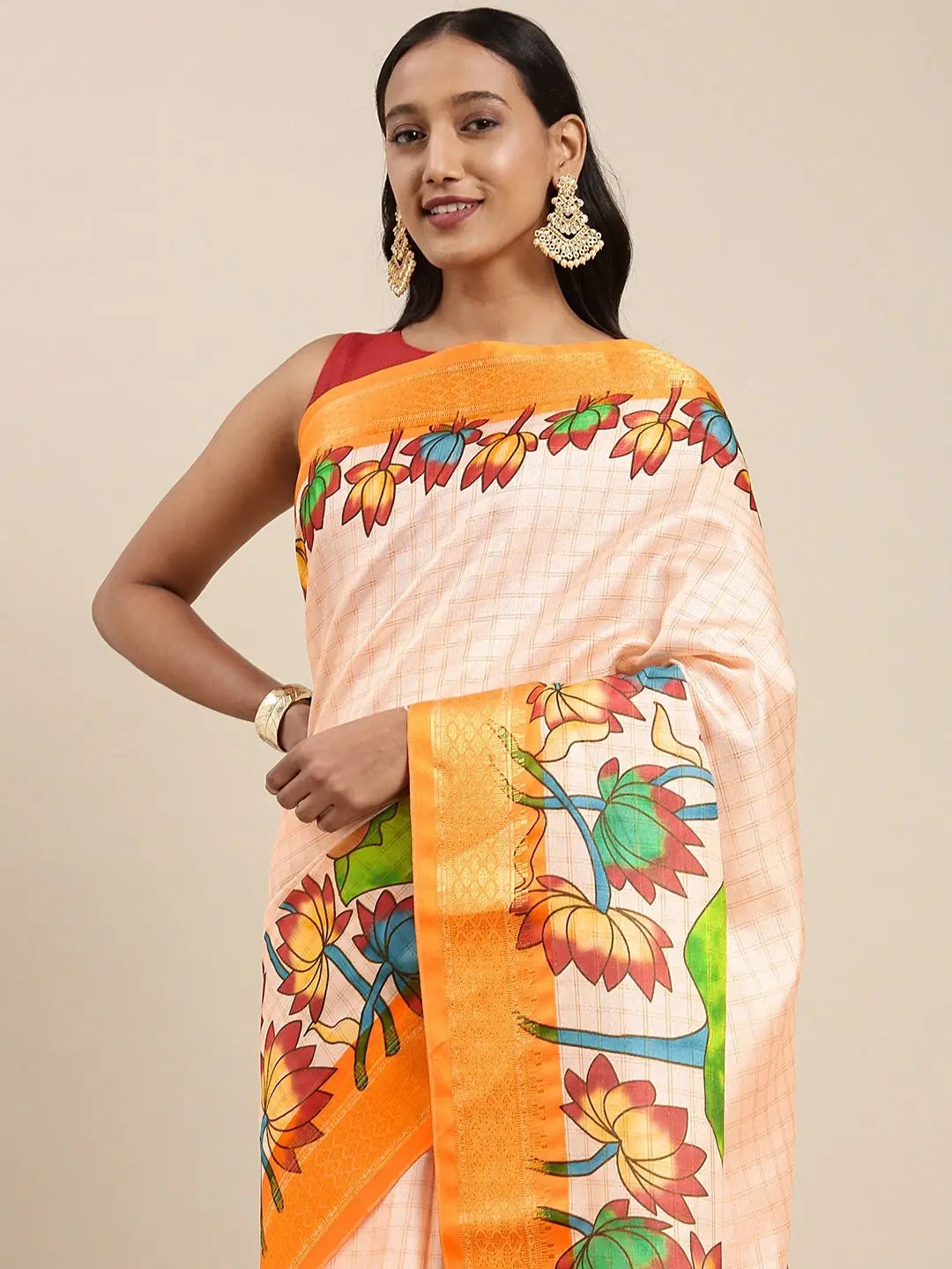 Orange Uppada Silk Kalamkari Digital Print Saree
