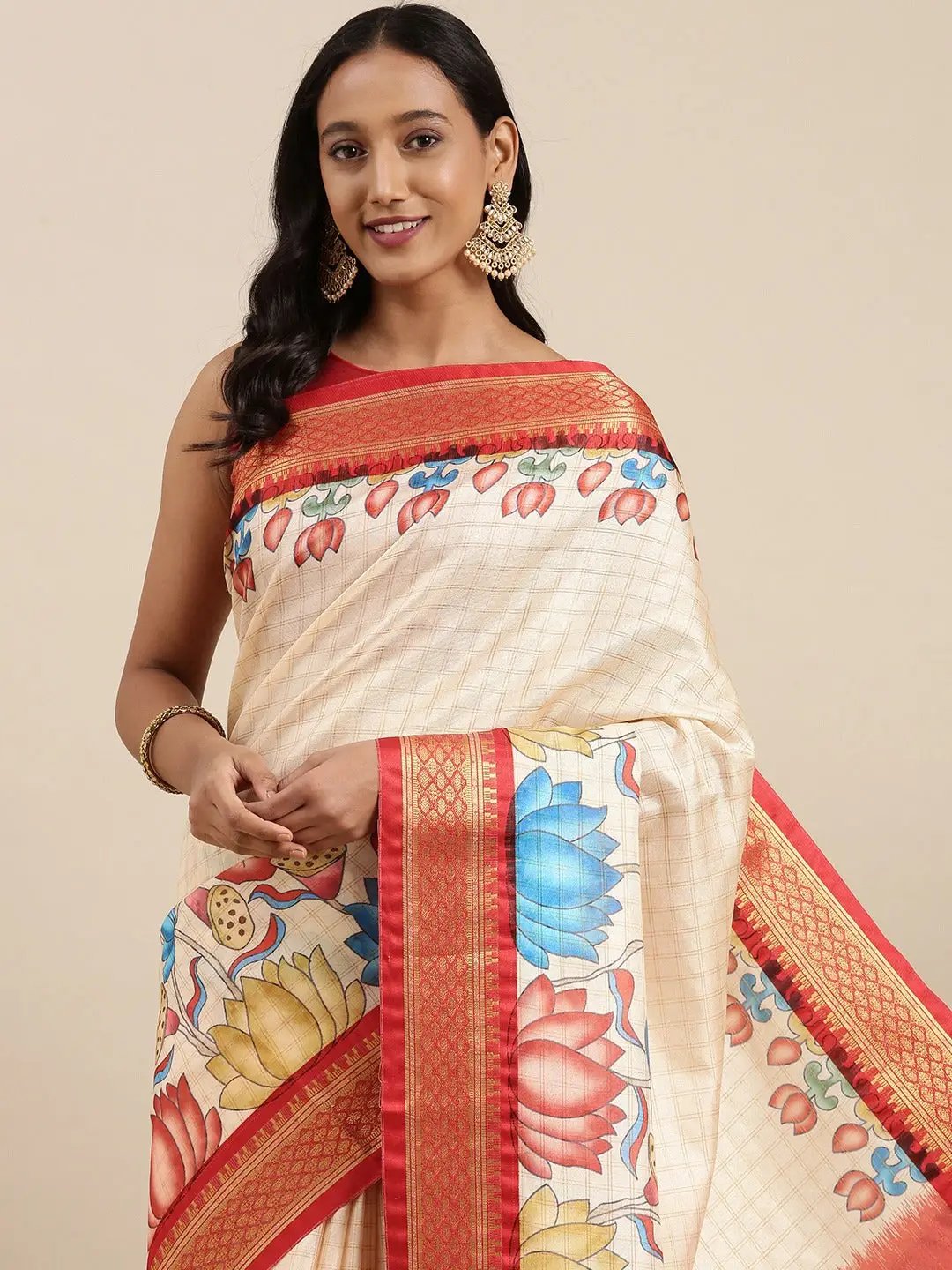 Red Colour Kalamkari Digital Print Uppada Silk Saree