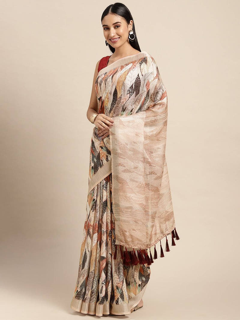 Cream Colour Soft Linen Geometric Print Festive Wear Saree