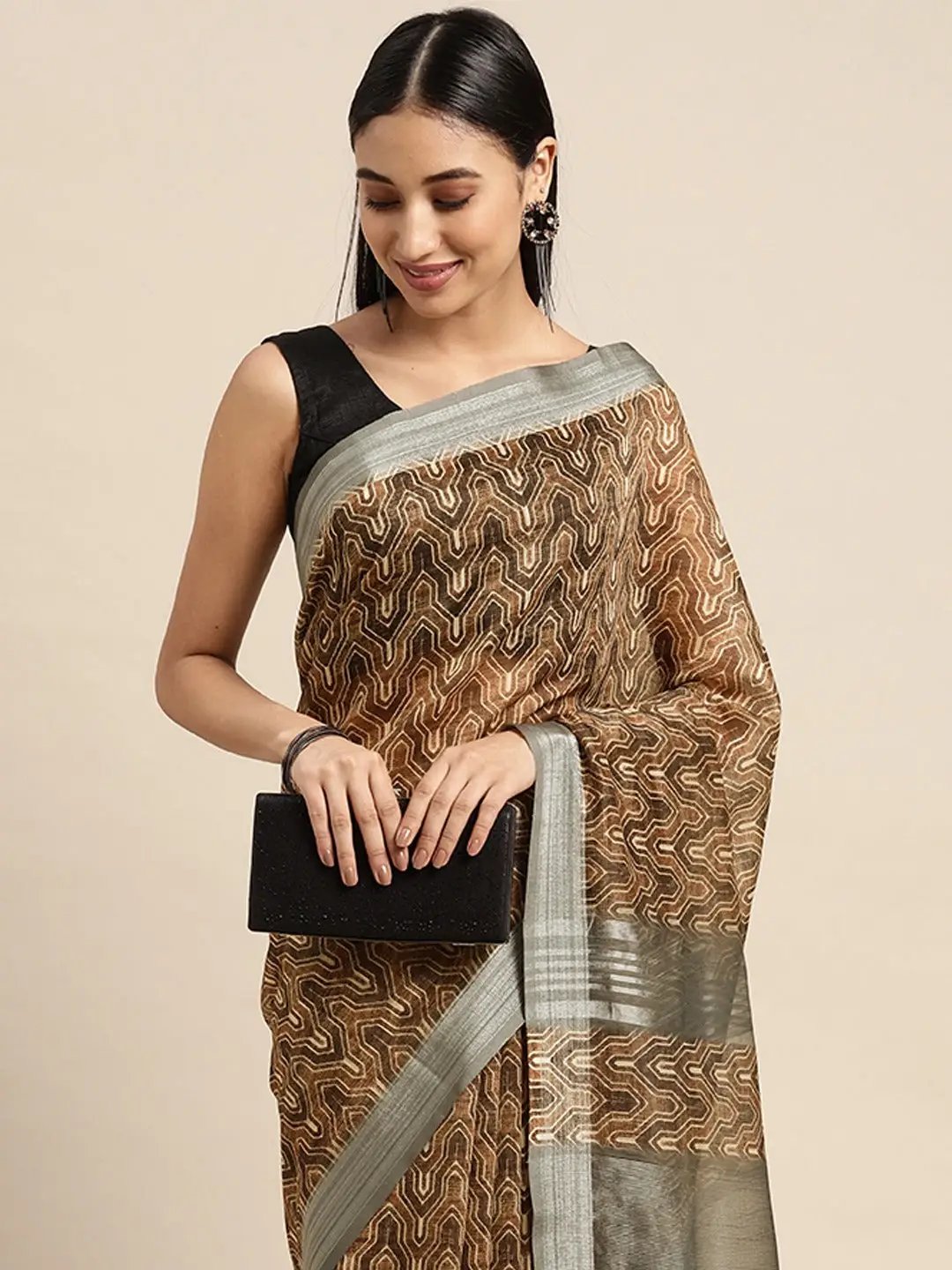 Brown Colour Soft Linen Digital Print Festive Wear Saree