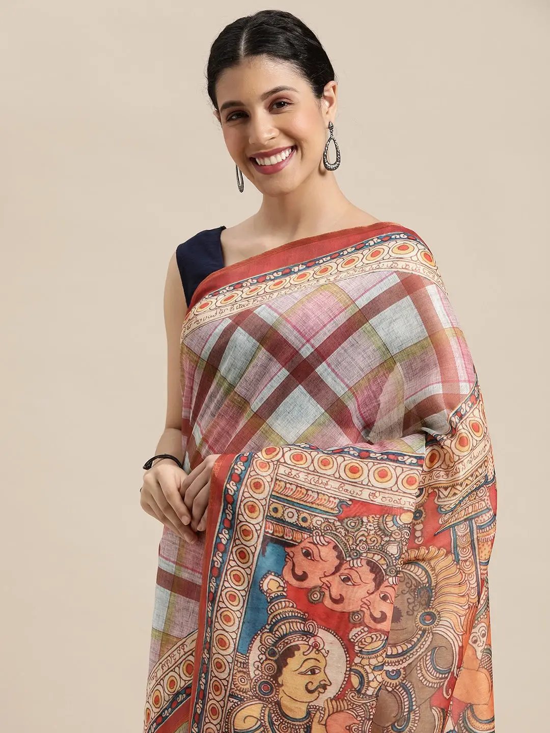 Beautiful Digital Print Kalamakri Design Soft Linen Saree