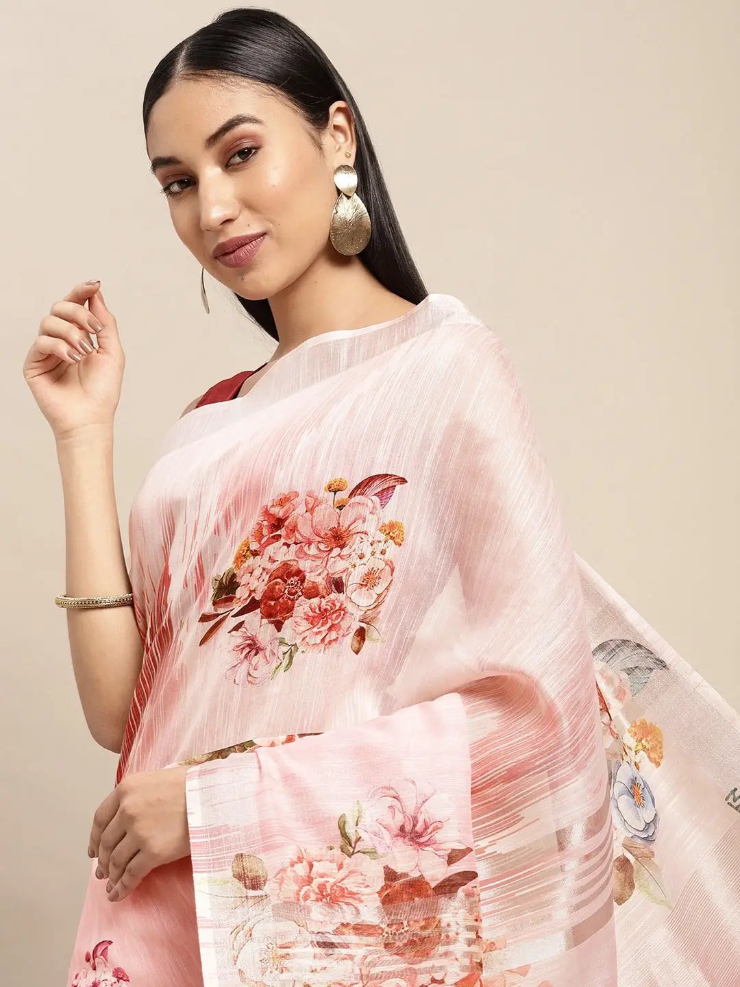 Beautiful Digital Flower Print Design Soft Linen Saree