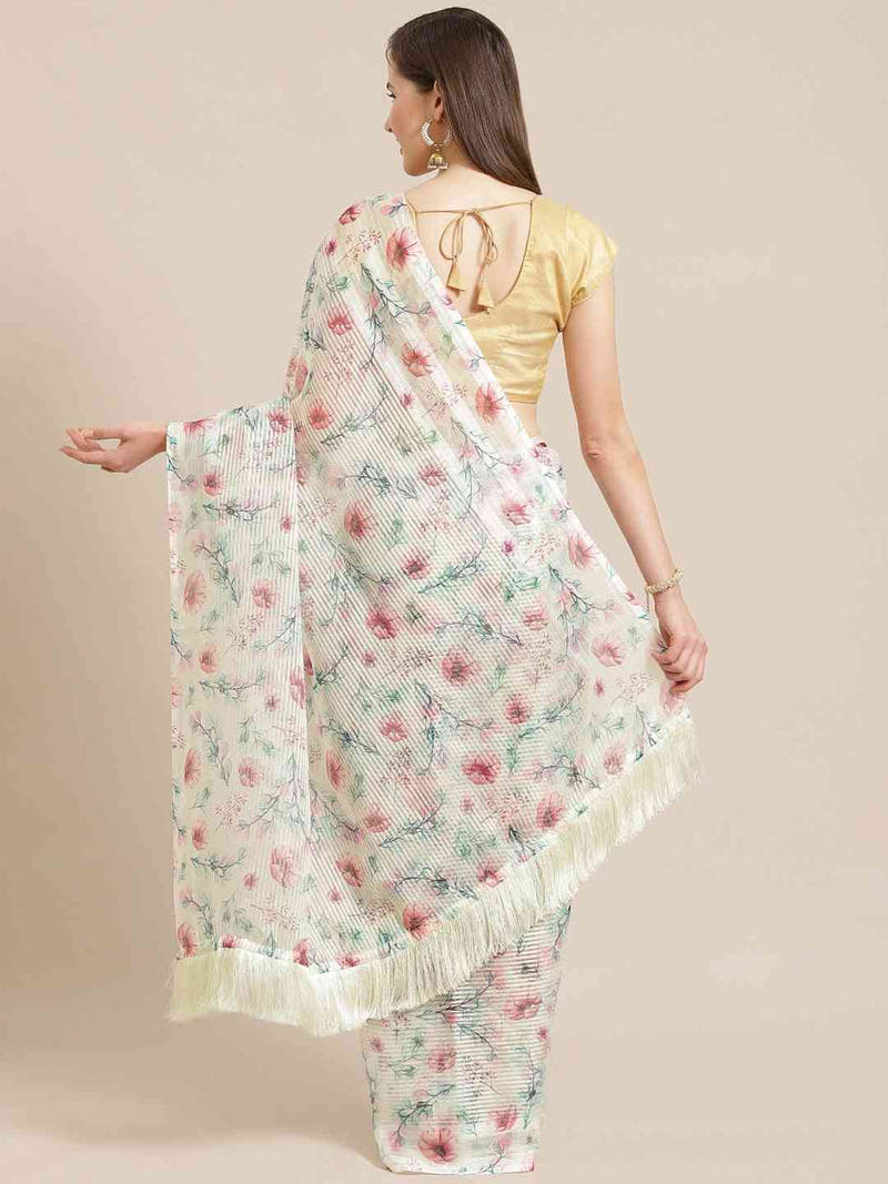 Stylish Off White Poly Chiffon Floral Digital Print Saree