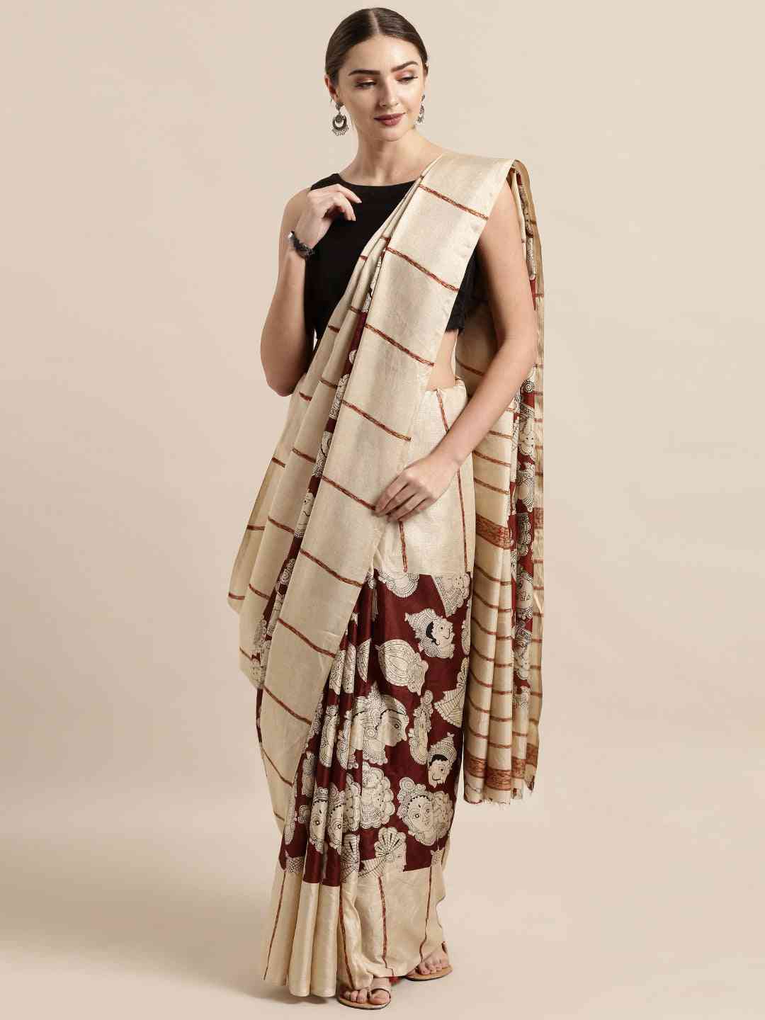Linen Kalamkari Printed Chanderi Saree