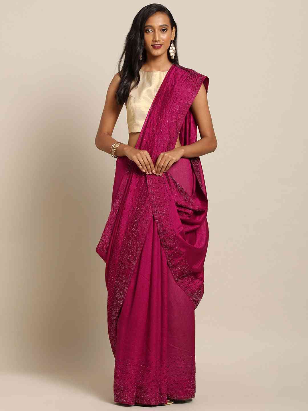 Stylish Poly Silk Wine Colour Stones Work Saree
