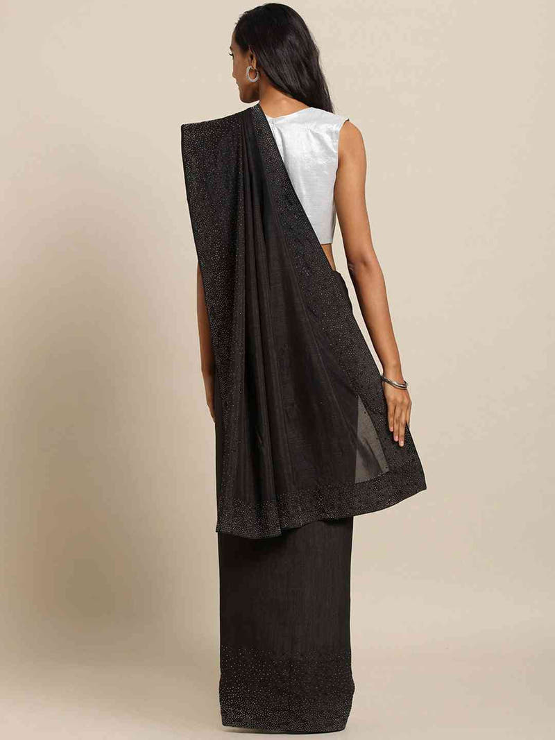 Stylish Black Colour Solid Print With Stones Work Saree