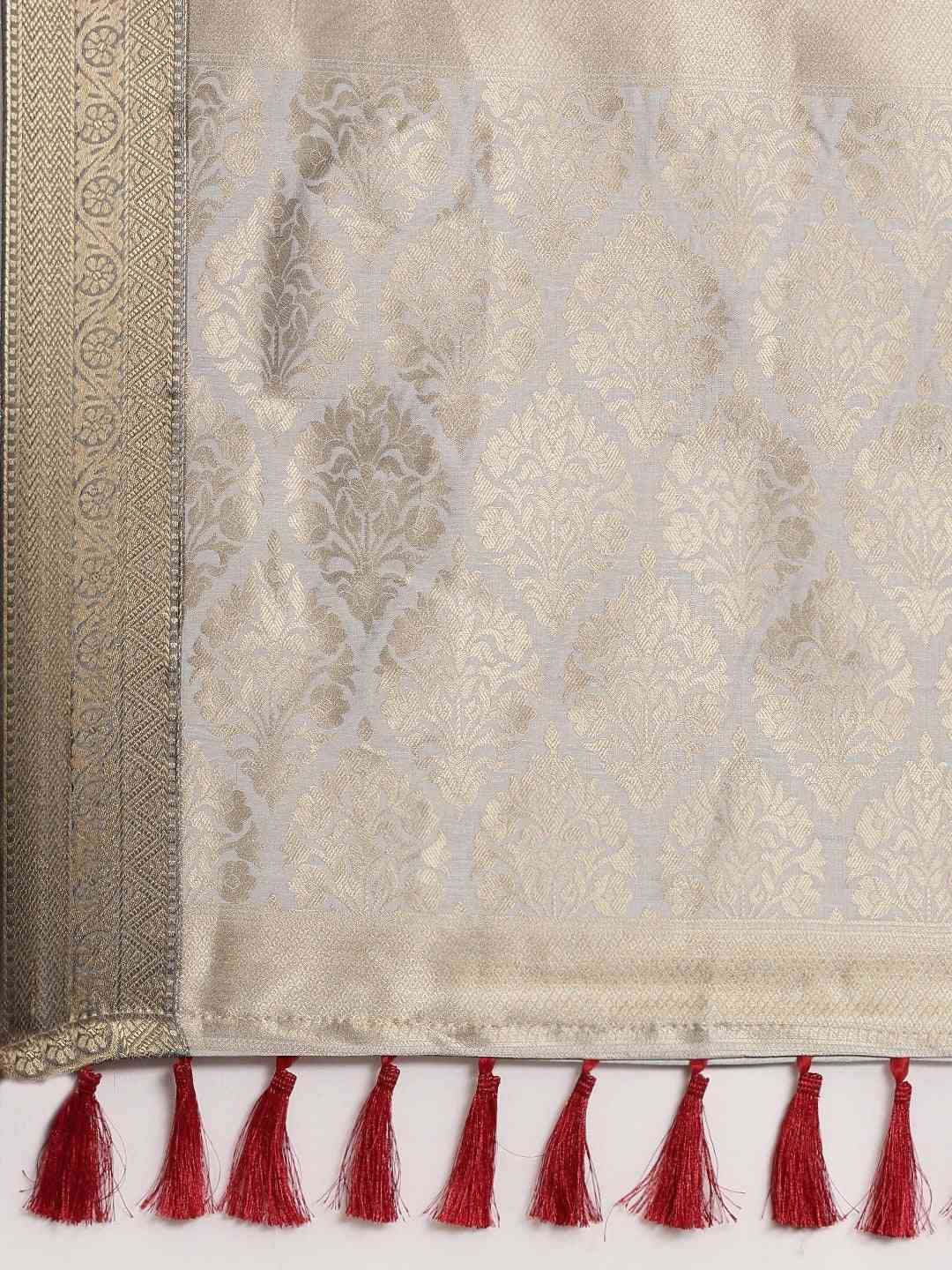 Banarasi White Colour Floral Print And Zari Border Saree
