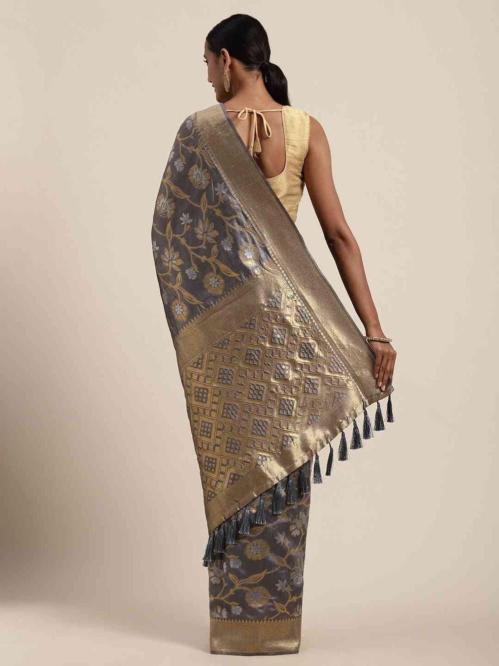 Banarasi Grey Colour Woven Design Saree With Zari Border