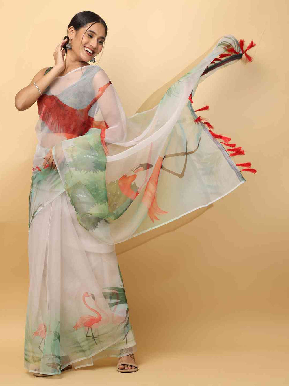 Flowing organza saree with festive digital print