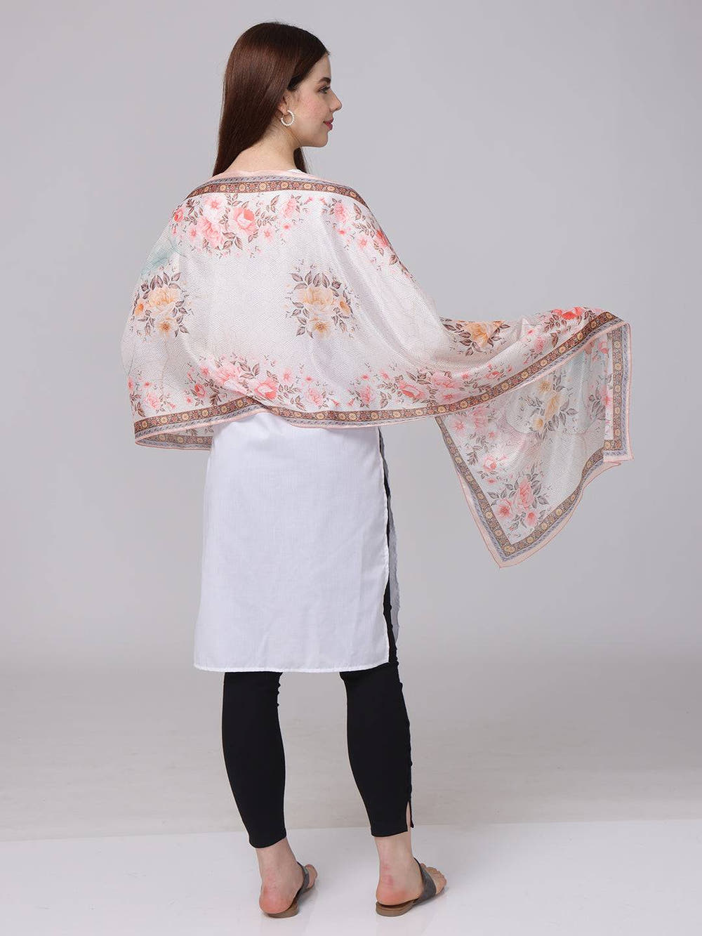 Off White Floral Printed Long Scarf