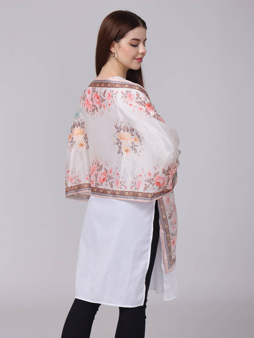 Off White Floral Printed Long Scarf