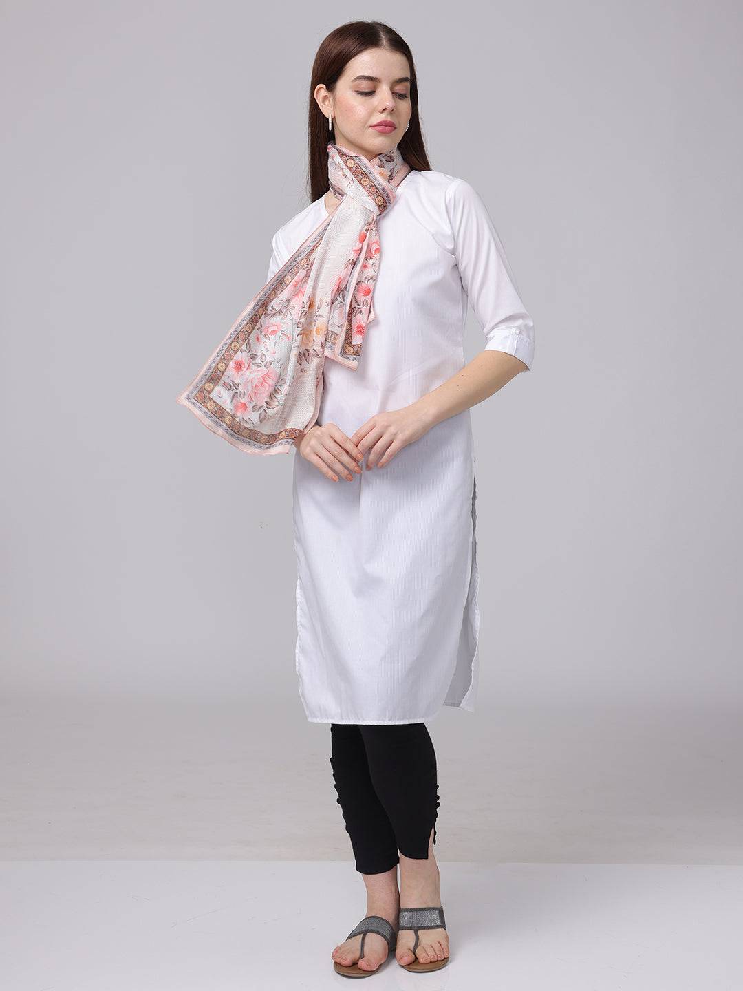 Off White Floral Printed Long Scarf