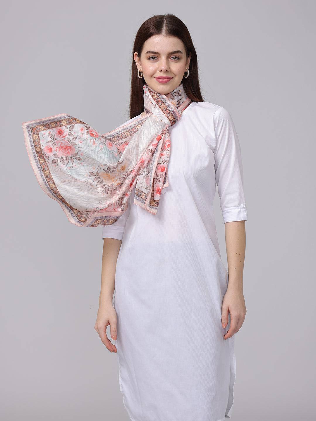 Off White Floral Printed Long Scarf