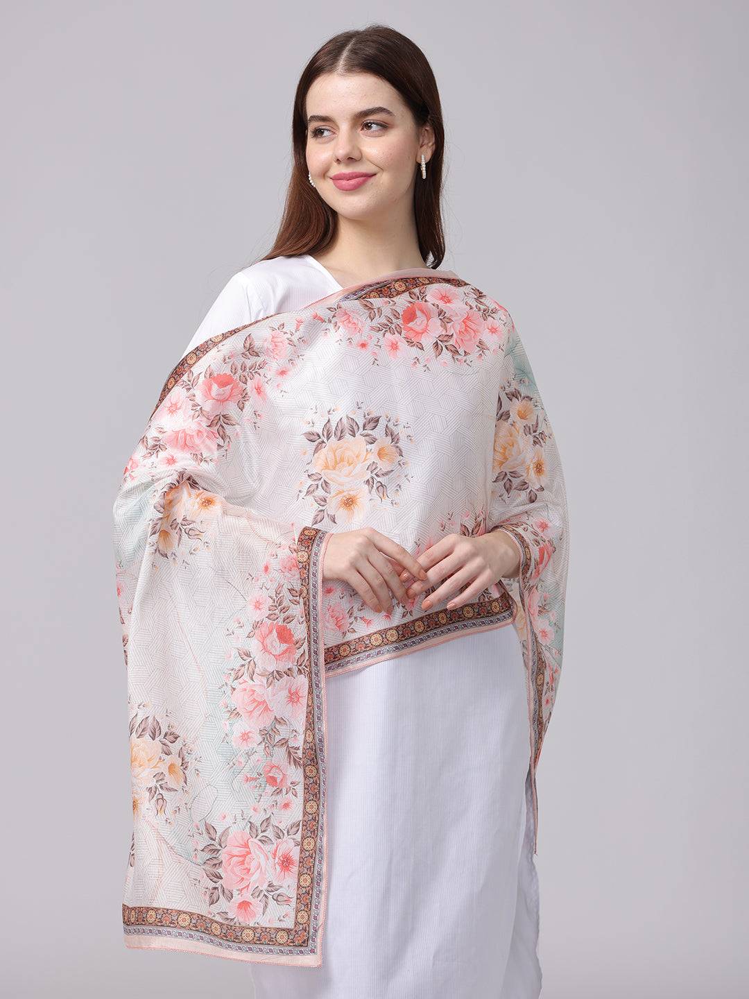 Off White Floral Printed Long Scarf