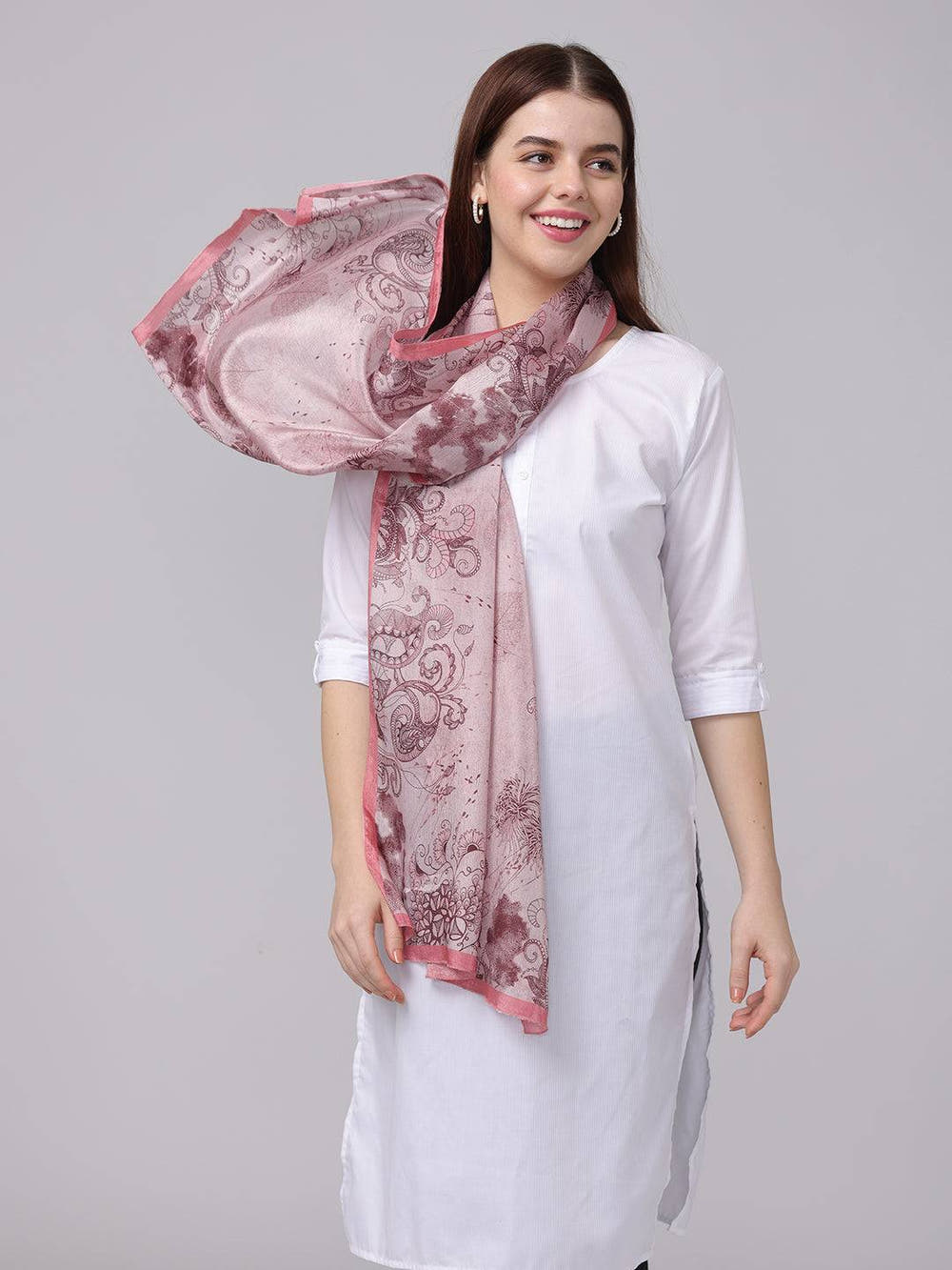 Crepe Pink Floral Printed Scarf