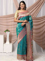 Silk Blend Woven Zari Work Paithani Saree In Rama Colour