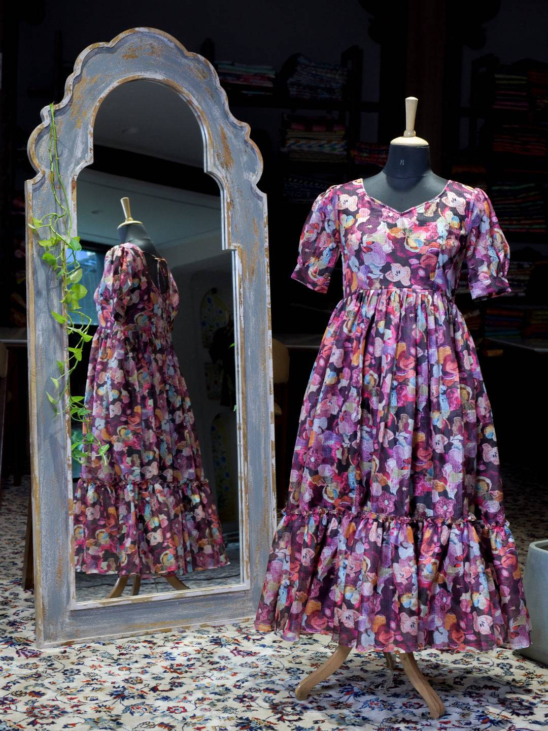 Sumathi Burgundy Floral Midi Dress