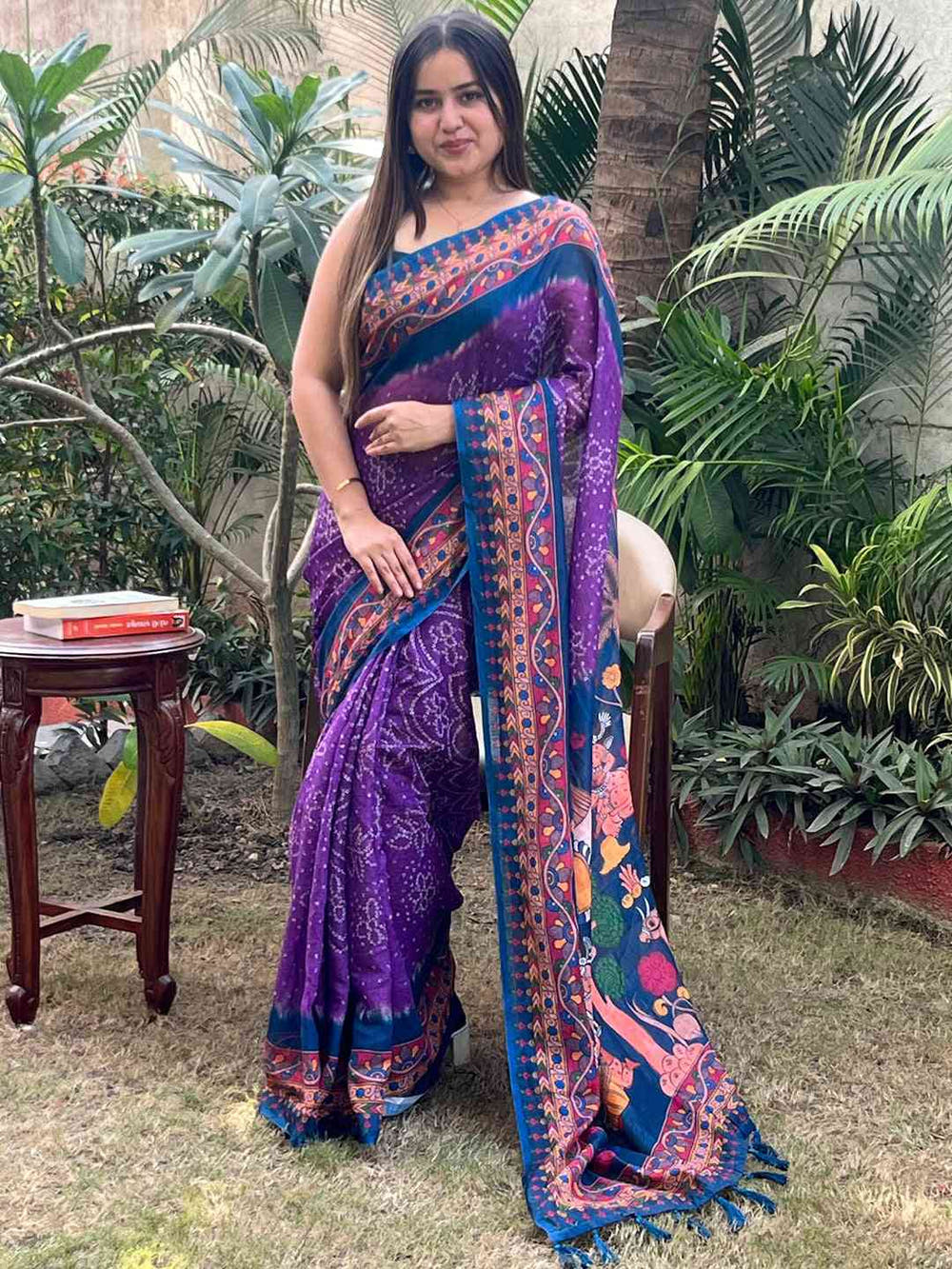 Purple Linen Bandhej Kalamkari Print Saree