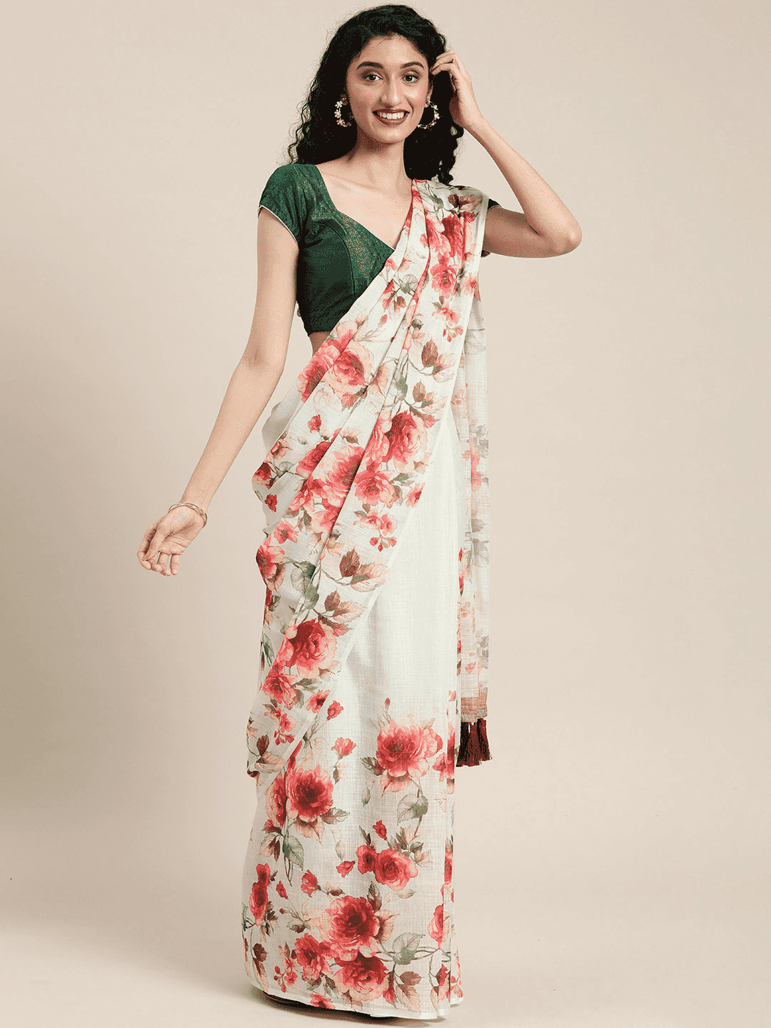 Stylish Linen Saree With Floral Print And Resham Tassel