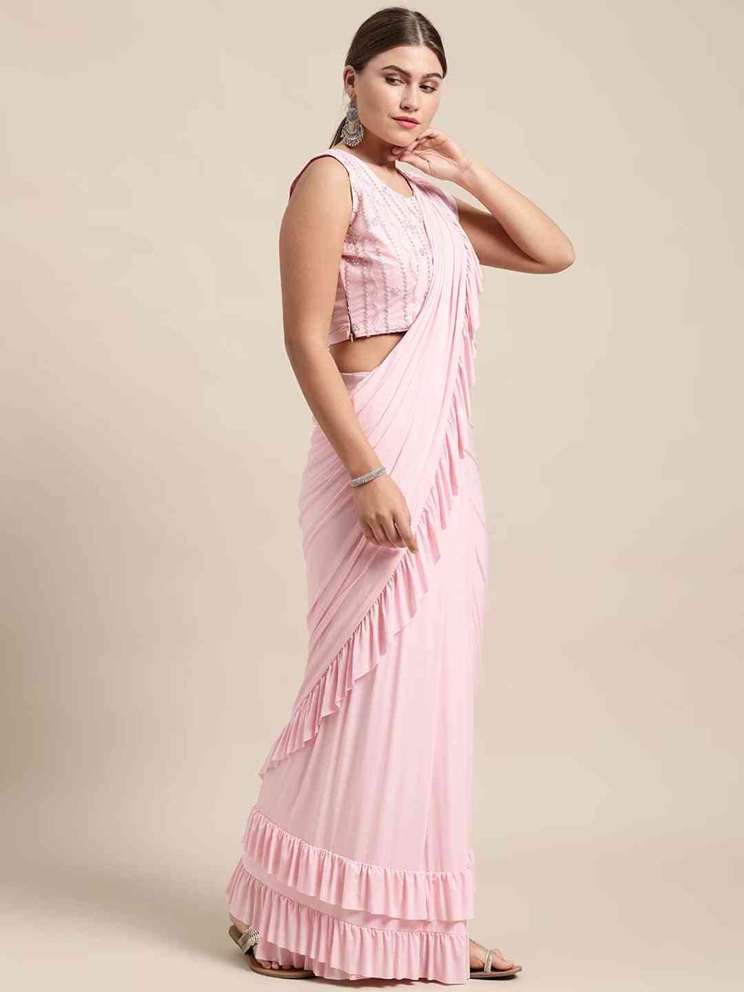 Stylish Viscose Rayon Pink Colour Solid Saree With Ruffel Border