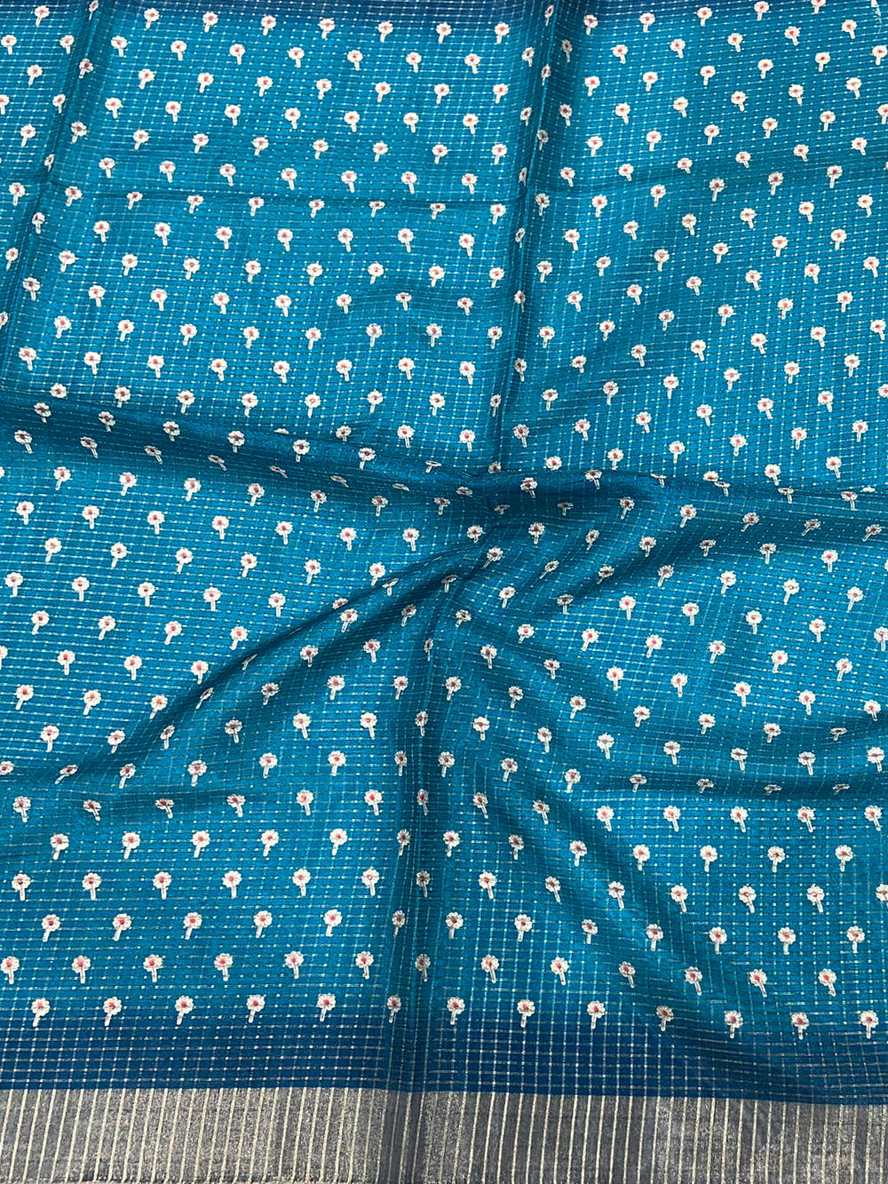 Blue Chanderi Check Sparrow Print Saree