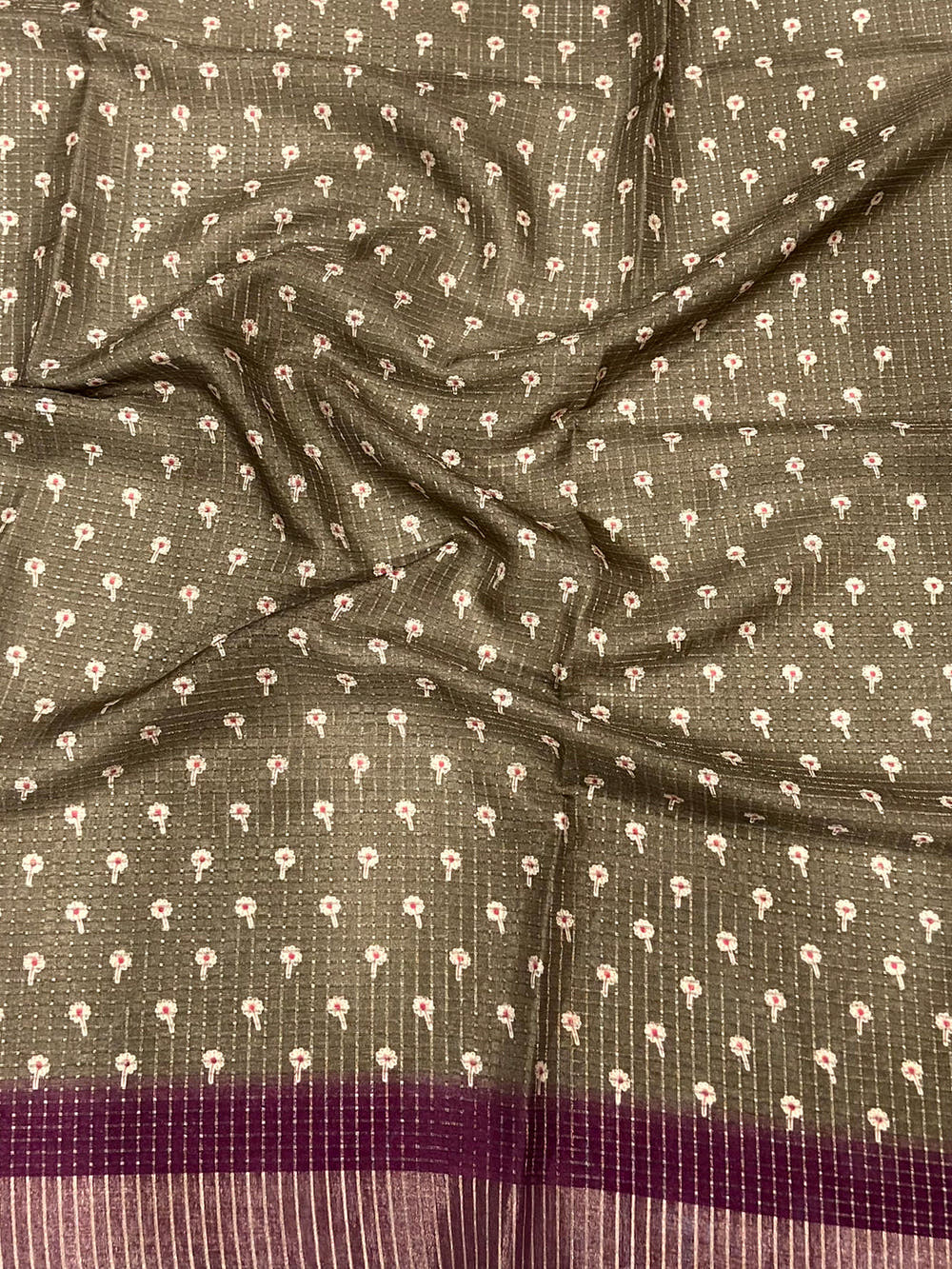 Brown Chanderi Check Sparrow Print Saree