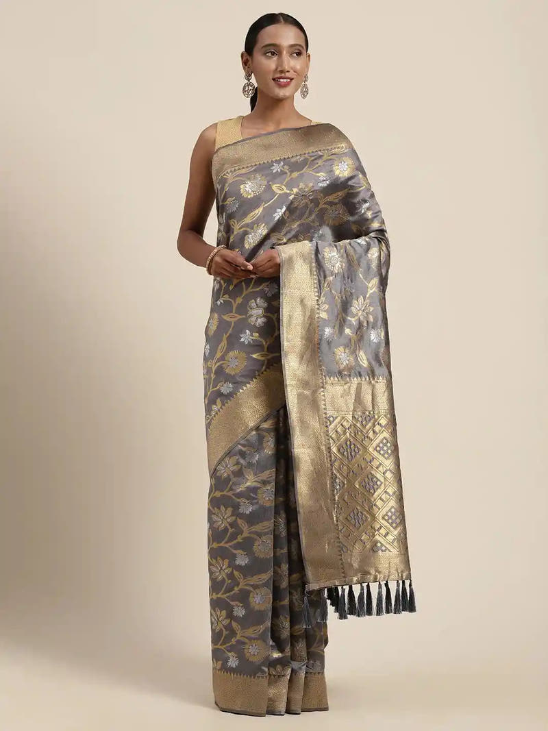 Banarasi Grey Colour Woven Design Saree With Zari Border