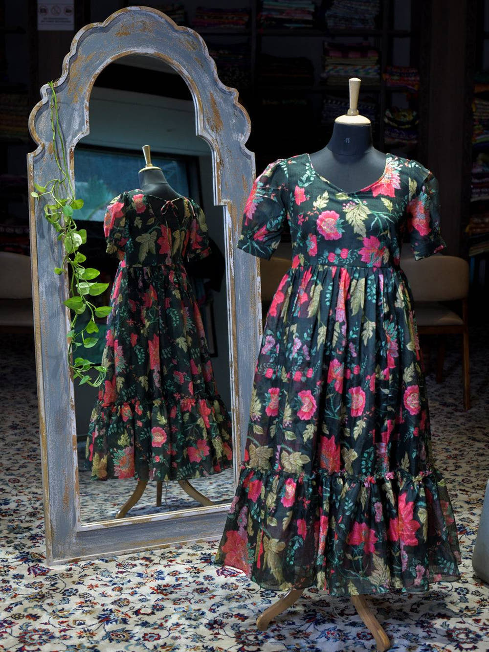 Revan Black Floral Print Midi Dress