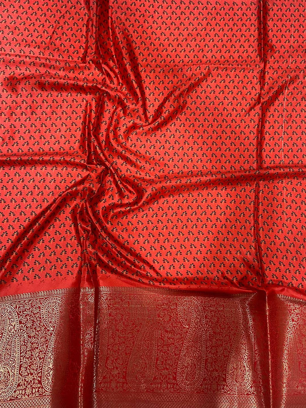 Peach Cherry Satin Kalamkari Saree