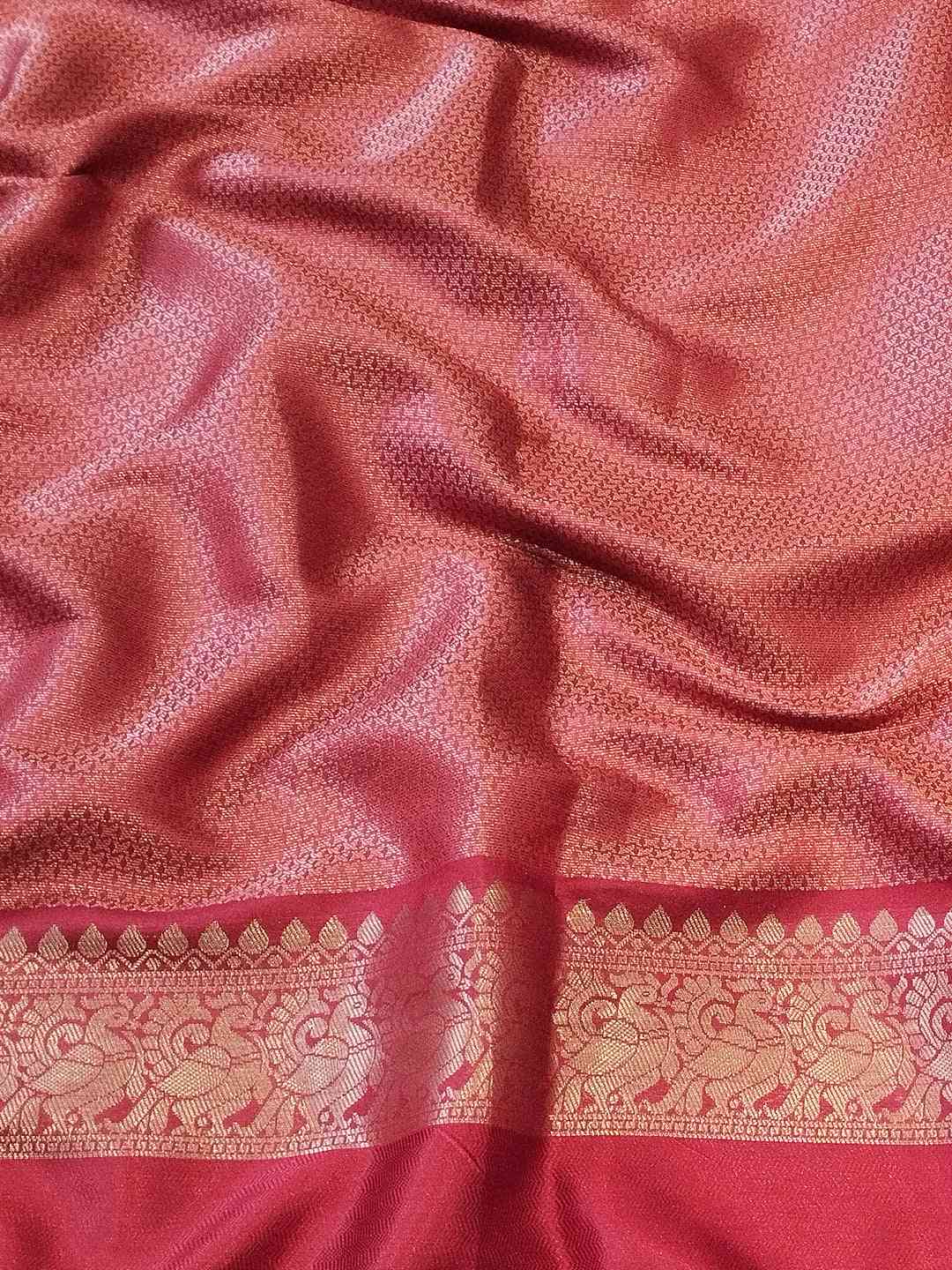 Chiku Colour Double Border Chex Weaving Banarasi Soft Silk Saree