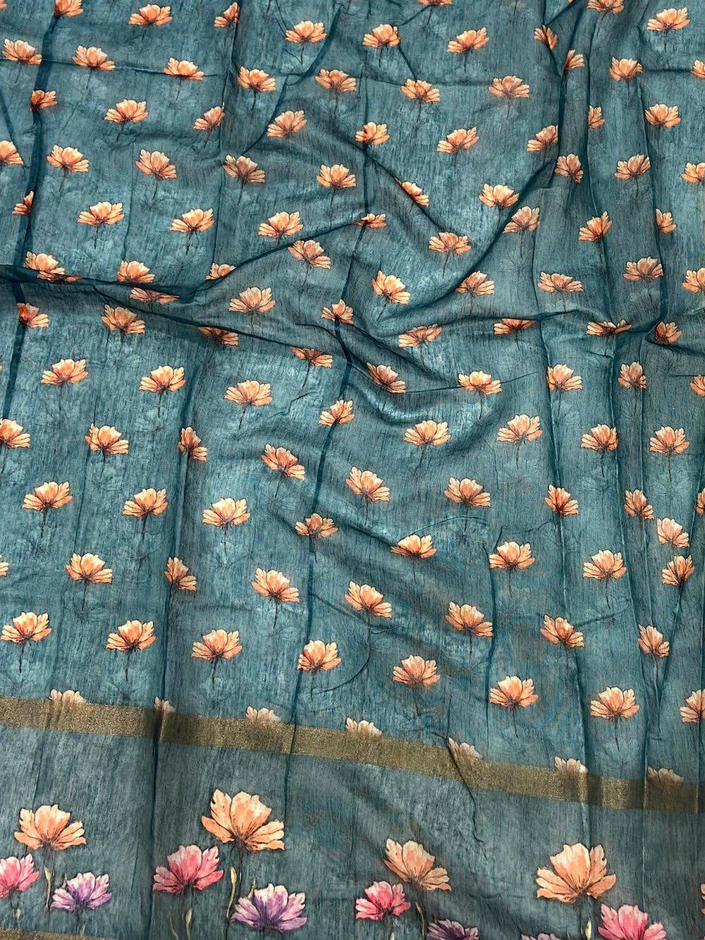 Teal Blue Linen Chanderi Floral Print Saree