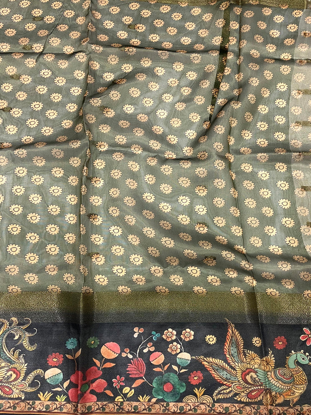 Green Tissue Kalamkari Print Saree