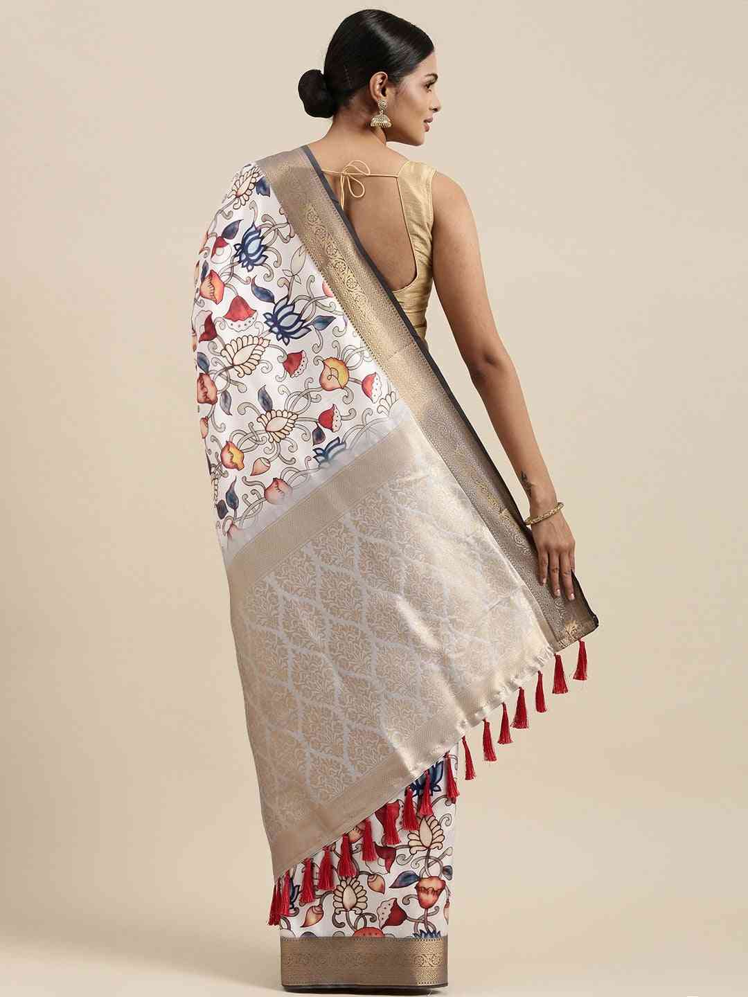 Banarasi White Colour Floral Print And Zari Border Saree